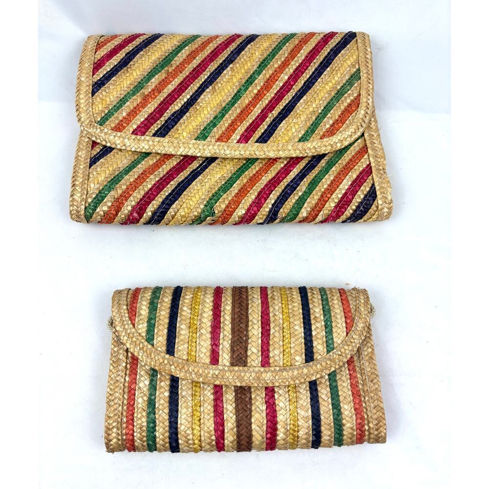 Lot of 2 Vintage Woven Straw Jute Multi Colored Striped‎ Clutch Crossbody - Picture 11 of 16